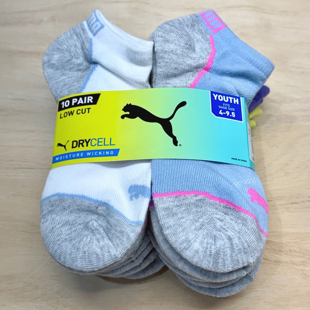 Puma Youth Low Cut Socks 10 Pair Pack DryCell Moisture Wicking Shoe Size 4-9.5